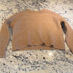Cropped Crewneck Textured Knit Sweater - Camel